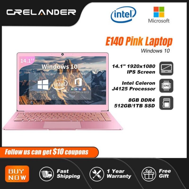 CRELANDER 분홍색 노트북 14형 Intel J4125 프로세서 8GB DDR4 Windows 10 금속 노트북 PC 학생 노트북