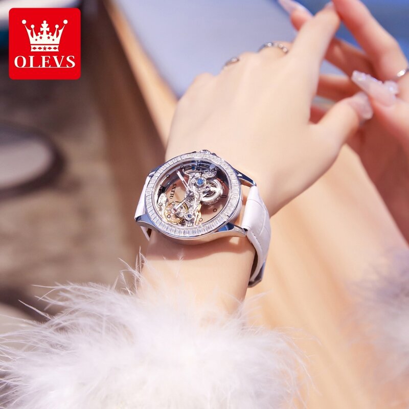 OLEVS jam tangan wanita merek Top, jam tangan otomatis Tourbillon rongga penuh, jam tangan tahan air bercahaya modis