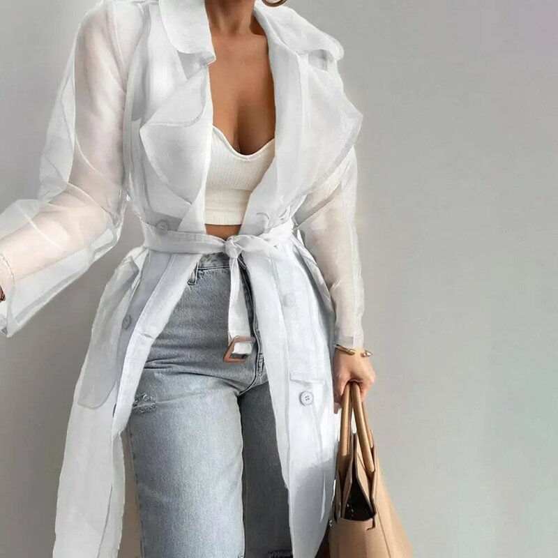 2024 Women Fashion See Through Outdoor Tops Lace Up Spring Solid Sheer Mesh Long Sleeve Buttoned Coat With Belt Elegant Shirts