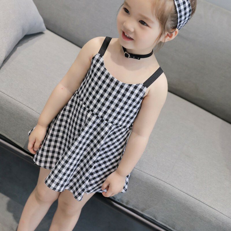 Princesa vestido xadrez para meninas de 1 a 5 anos, vestido de verão sem mangas com alça