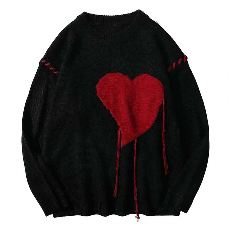 Fall Winter Men Sweater Heart Applique Couple Sweater Color Matching O Neck Long Sleeve Knitted Top Crochet Decor Knitwear
