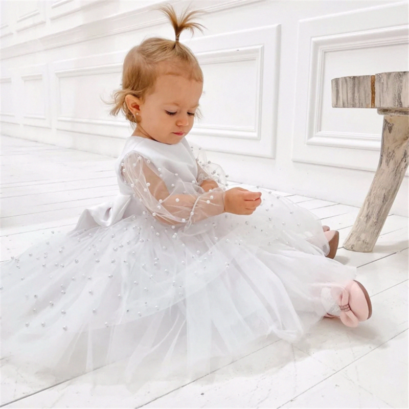 첫 성찬식 가운 하얀 천사 꽃 소녀 드레스, 얇은 명주 그물 푹신한 진주 활, 긴팔 결혼식 생일 파티 공주 선물