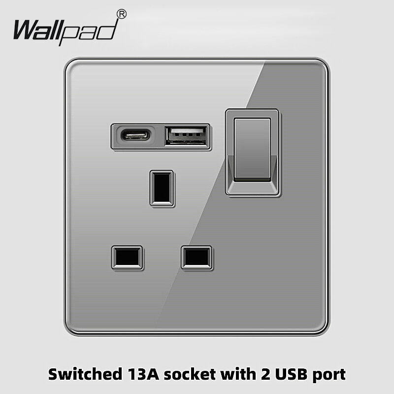 Enchufe Universal de carga rápida de vidrio gris, enchufe con 2 USB tipo A C, salida de datos de TV, 1, 2, 3, 4 entradas, botón grande con LED de neón, 13A, Reino Unido