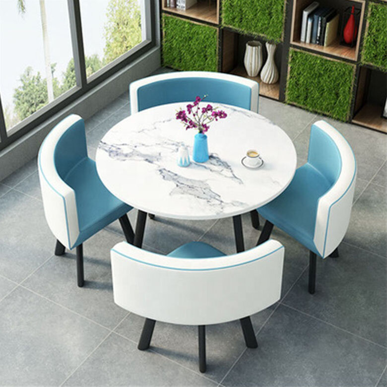 ชุดเก้าอี้4ตัวพร้อมโต๊ะกาแฟทรงกลมแบบ MDF โต๊ะทานอาหาร perabot rumah ระเบียงขาโลหะประหยัดพื้นที่