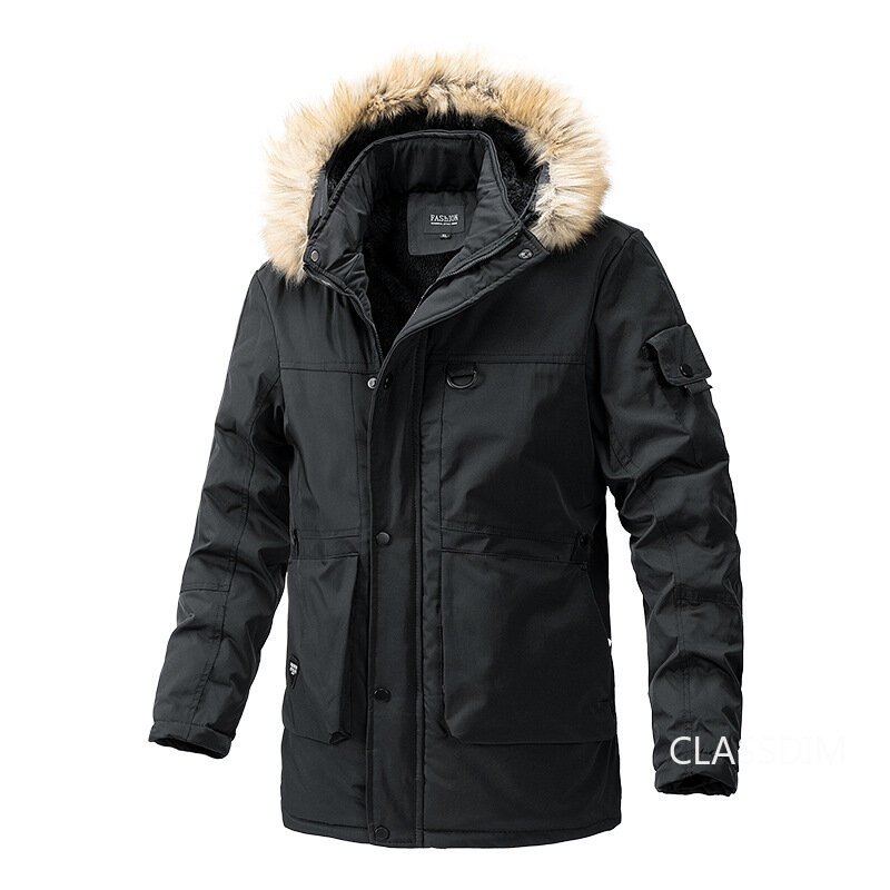 Jaket panjang berkudung untuk pria, jaket mantel musim dingin dengan beberapa kantong hangat kualitas parka luar ruangan kasual 4XL untuk pria