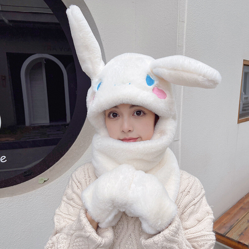 Cute Rabbit Ears Hat Scarf Gloves Warm Plush Mufflers Cap for Women Can Move Outdoor Riding Scarf Gloves Three Piece Set Gift