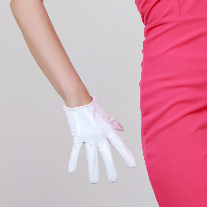 ถุงมือหนังสิทธิบัตรยาวพิเศษ70cm, ถุงมือหนัง PU ยืดหยุ่นสีขาวสว่างสดใส WPU08ผู้หญิง