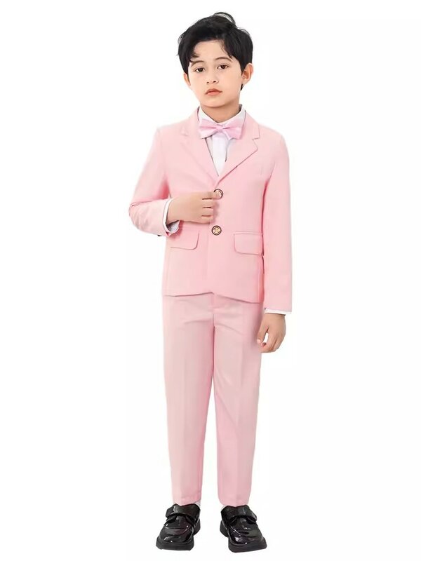 เสื้อแจ็คเก็ตกางเกง3P สำหรับวัยรุ่นชุดทักซิโด้ทางการสำหรับเด็กถ่ายภาพปาร์ตี้ชุดสูทสีชมพูสำหรับเด็กผู้ชายสำหรับงานแต่งงาน