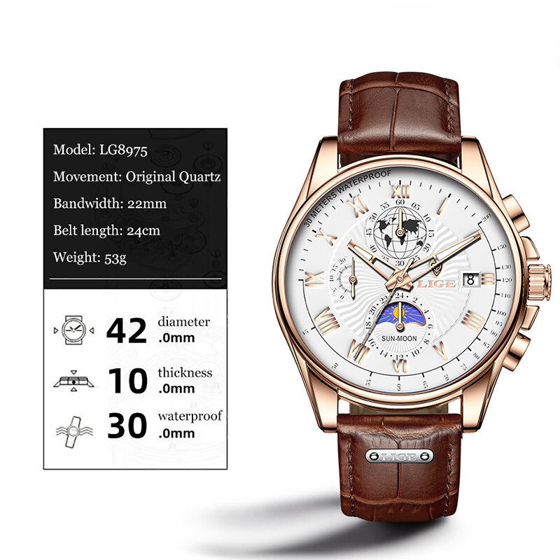 Часы наручные LIGE Мужские кварцевые с автоматической датой, модные брендовые Роскошные спортивные с хронографом