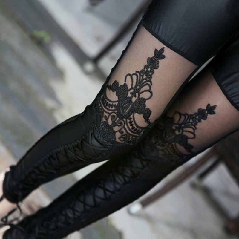 Leggings góticos Punk de piel sintética para mujer, pantalones de encaje ajustados, pantalones de imitación, de nueve puntos cinturón de cuero, elegante y Sexy, Trouse G2I8
