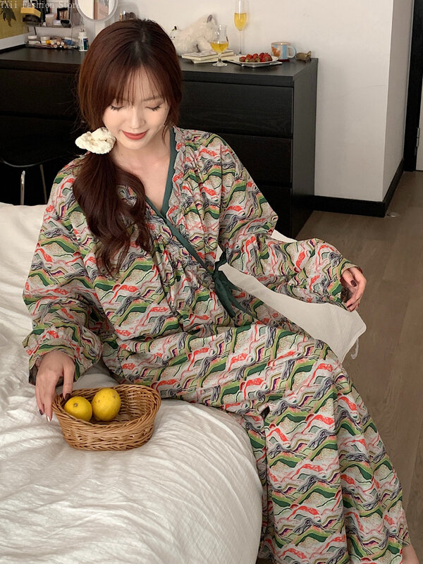 Piyama gaya etnik wanita, ukuran plus musim semi Vintage motif bunga gaun malam jubah mandi 2024 musim semi dan musim gugur