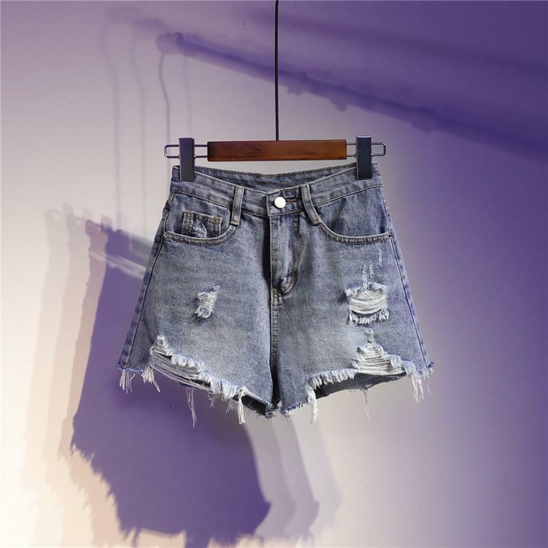 2024 Summer New Fashionable Perforated Denim Shorts Women's Large Size Fat Mm Slim Wide Leg A-line Hot Pants Trend