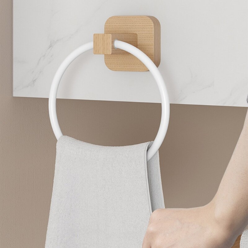 Badezimmer-Handtuchring, Aluminium-Holz, selbstklebender Handtuchhalter, Wandmontage