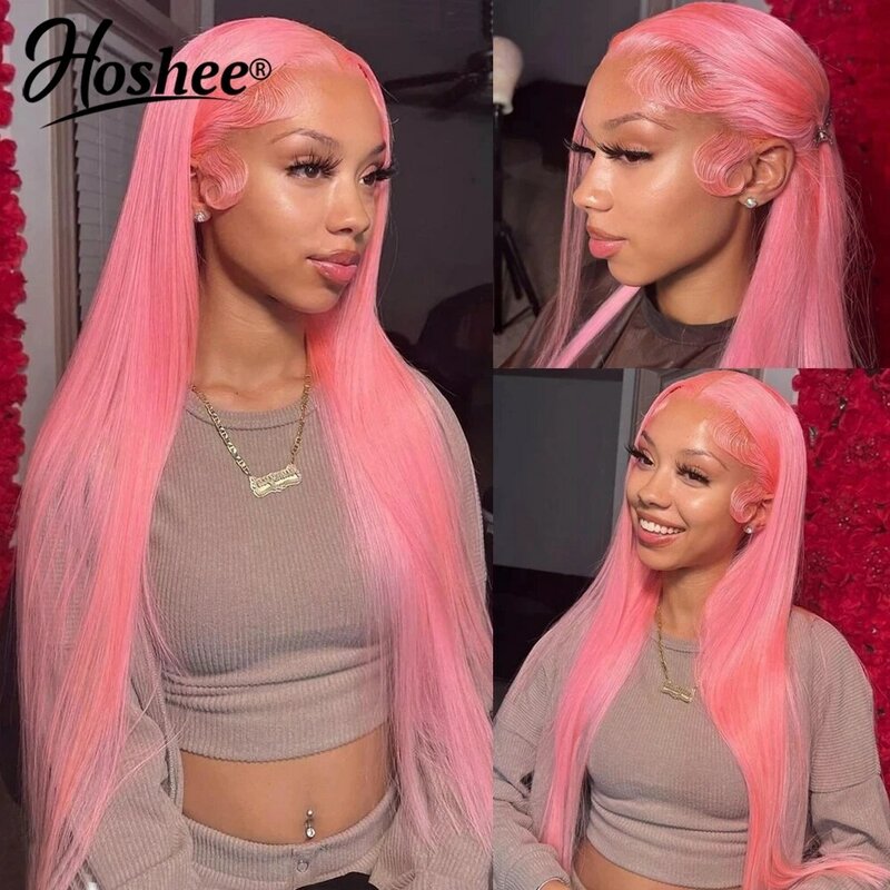 Peluca de cabello humano liso para mujer, postizo de encaje Frontal 13x4 HD, color rosa, transparente, sin pegamento, brasileño, prearrancado