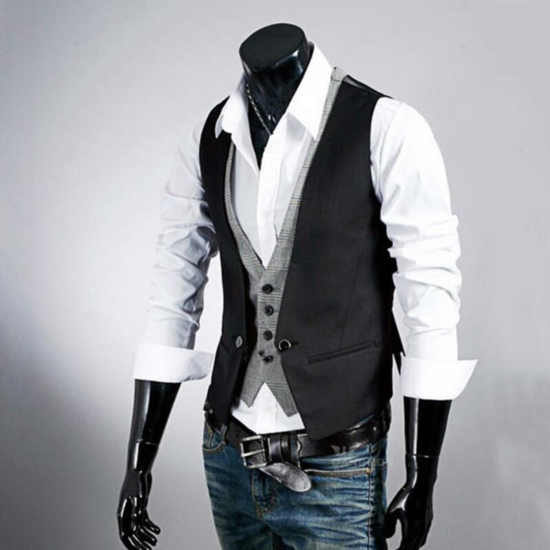 Chaleco Formal de Color sólido para hombre, chaleco de negocios sin mangas con un solo botón, cuello en V falso, traje ajustado para caballeros, dos piezas