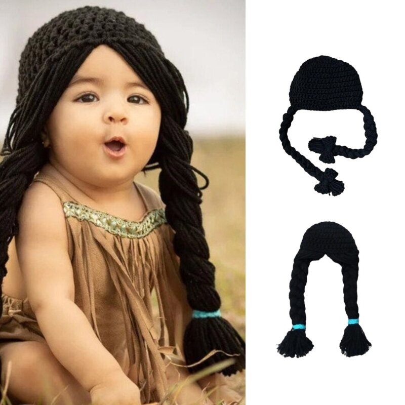 Baby-Strickmütze mit Perücke, handgefertigt, für Kleinkinder, doppelte Zöpfe, Wolle, Kntting-Mütze, modische Foto-Requisiten,