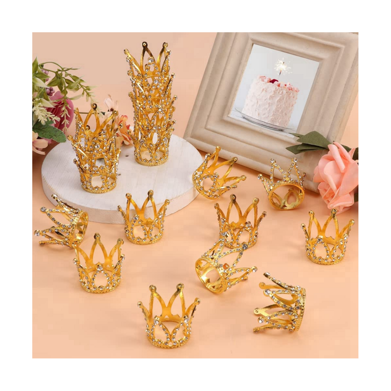 10 Pcs Gold Cake Topper Tiny Baby Small Rhinestone Tiara Crown for Flower Arrangements Shower Birthday Wedding Decor