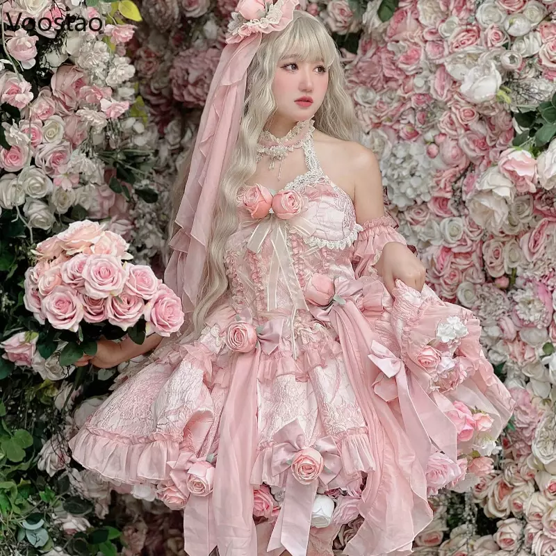 Vestido de princesa Lolita Harajuku Vintage para mujer, dulce vestido de encaje rosa, vestidos de fiesta de noche elegantes, vestido de hada sin mangas Kawaii