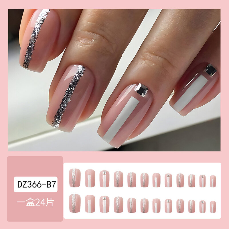 24Pcs Simple Fake Nails Press on Nails Black Geometric French glittering nail False Nails Full Cover Nail Tips Finished Manicure