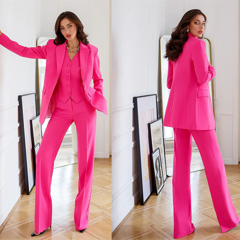 Tailored Hot Pink Women Suit Set Wedding 3Pcs Blazer+Vest Pants Office Lady Prom Dress Single Breasted Jacket женский костюм