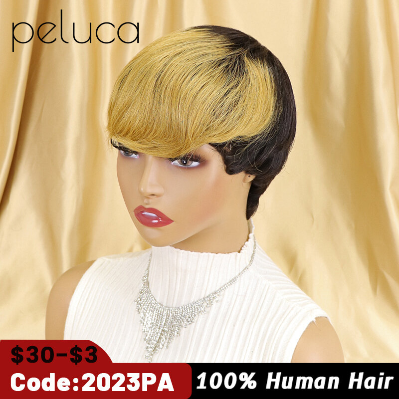 Peruki z ludzkich włosów fryzura Pixie proste włosy brazylijskie Remy dla czarnych kobiet maszyna wykonana tanie bezklejowy czarny prosto z grzywką