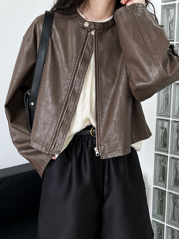 Krótki płaszcz Y2K Streetwear kurtki motocyklowe motocyklowe koreańskie modne krótki Top