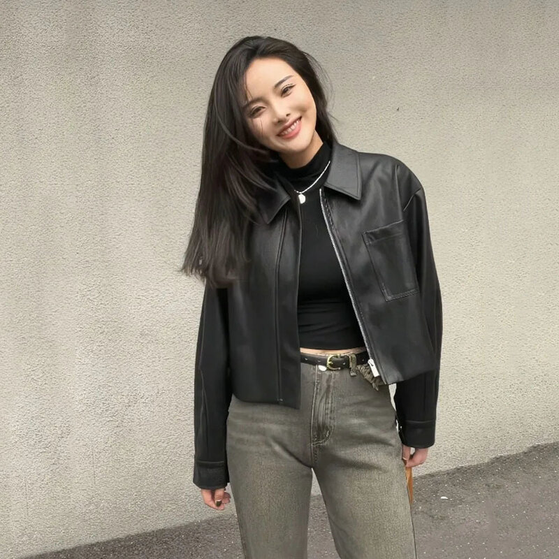 Korean Fashion PU Jacket For Women Black Short Faux Leather Coat Female Clothes Trend Spring New Retro Woman Chic Outerwear Tops