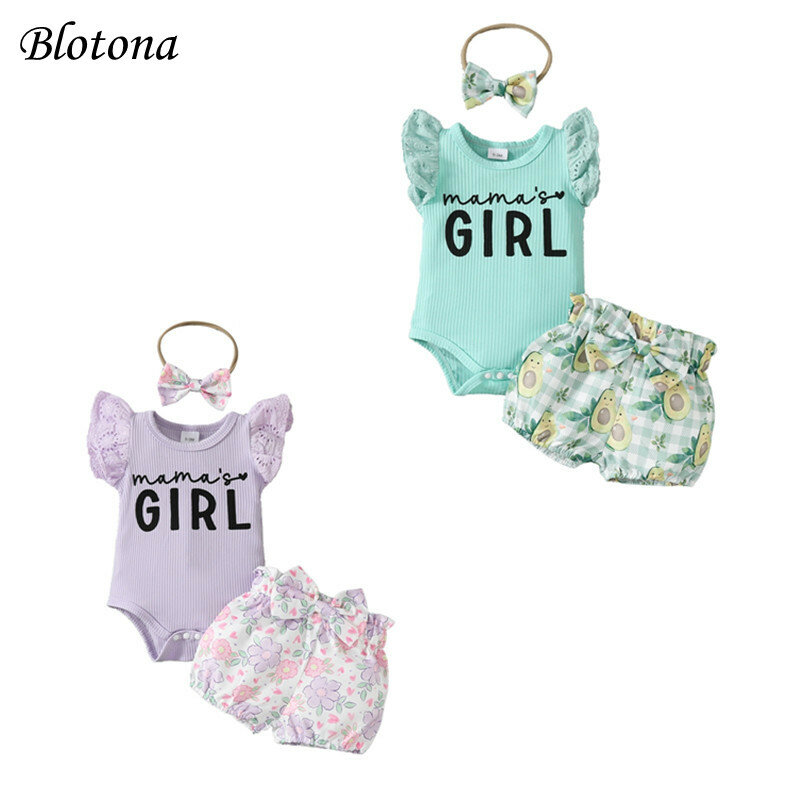 Blotona Baby Girl Summer Clothes Letter Print Ribbed Romper and Floral/Fruit Print Shorts Headband Set 3 Piece Outfits 0-18M