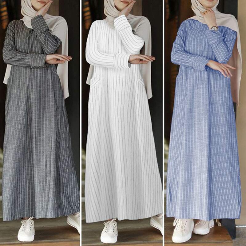 Abaya musulmana de manga larga para mujer, Vestido camisero largo informal suelto a rayas, caftán, novedad