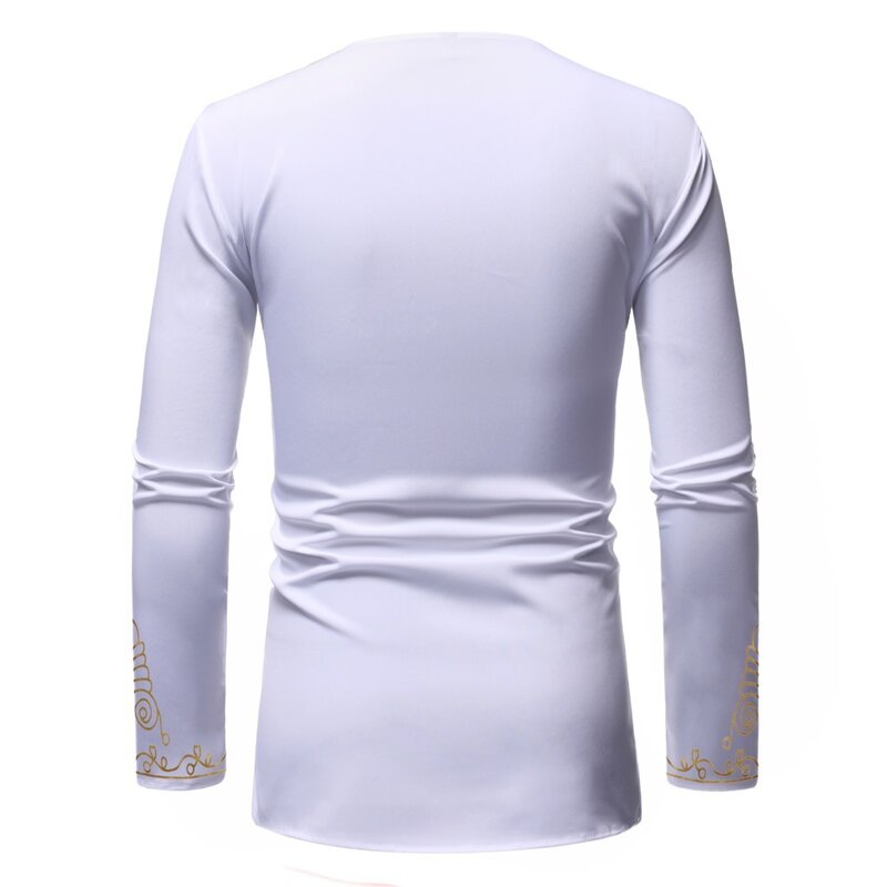 Men's African Mid Length Shirt, Gilded Printed, Standing Collar, White Shirt, Arab, Muslim Men's Clothing
