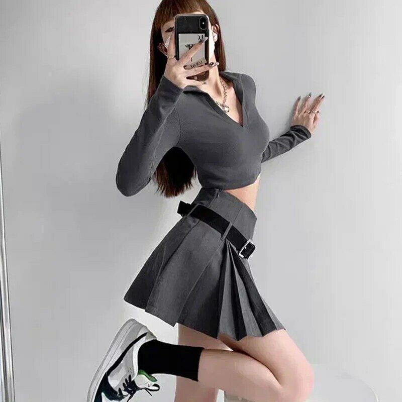 Preppy Style Pleated Skirt Gift Belt High Waist Women A-line Gray Skirt Shorts Preventing Awkwardness Pure Desire Korean Fashion