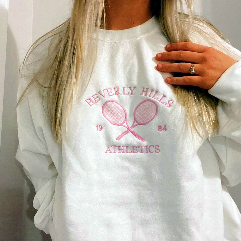 Tênis atletismo letras bordadas camisolas femininas branco solto primavera pulôver manga longa retro fino algodão casual jumpers