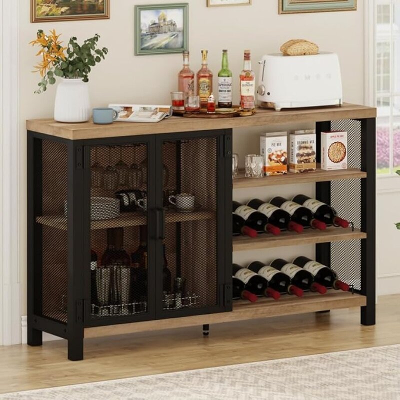 Industrial Bar Cabinet for Liquor and Glasses, Rustic Wine Cabinet with Doors, Farmhouse Coffee Bar Cabinet with Storage