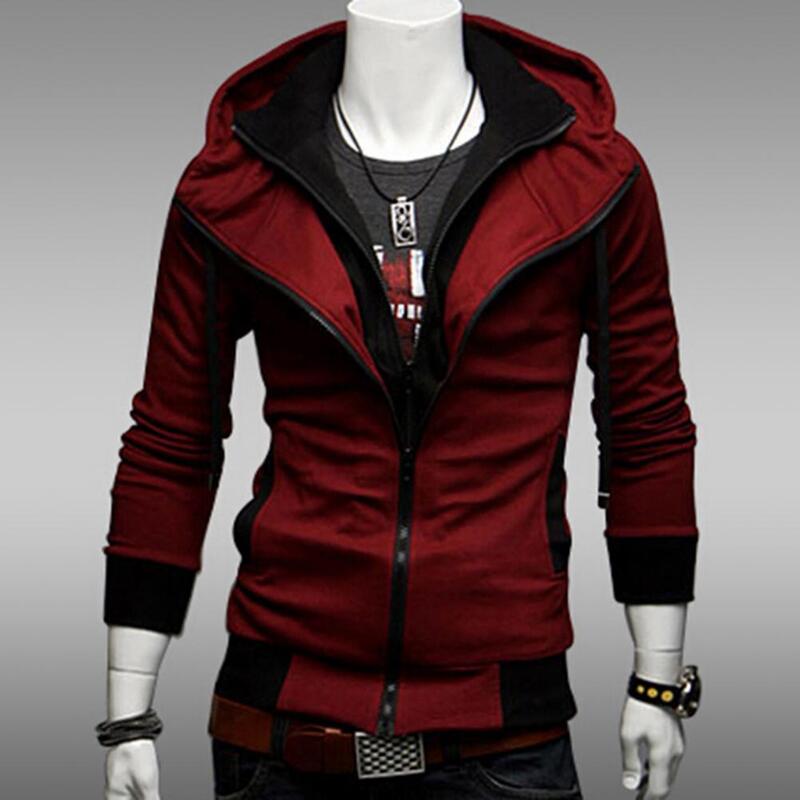 Portable Hooded Jacket Plus Size Slim Fit Color Block Men Long Sleeve Warm Hoodie Jacket Fashion Pullover Outwear Delicate