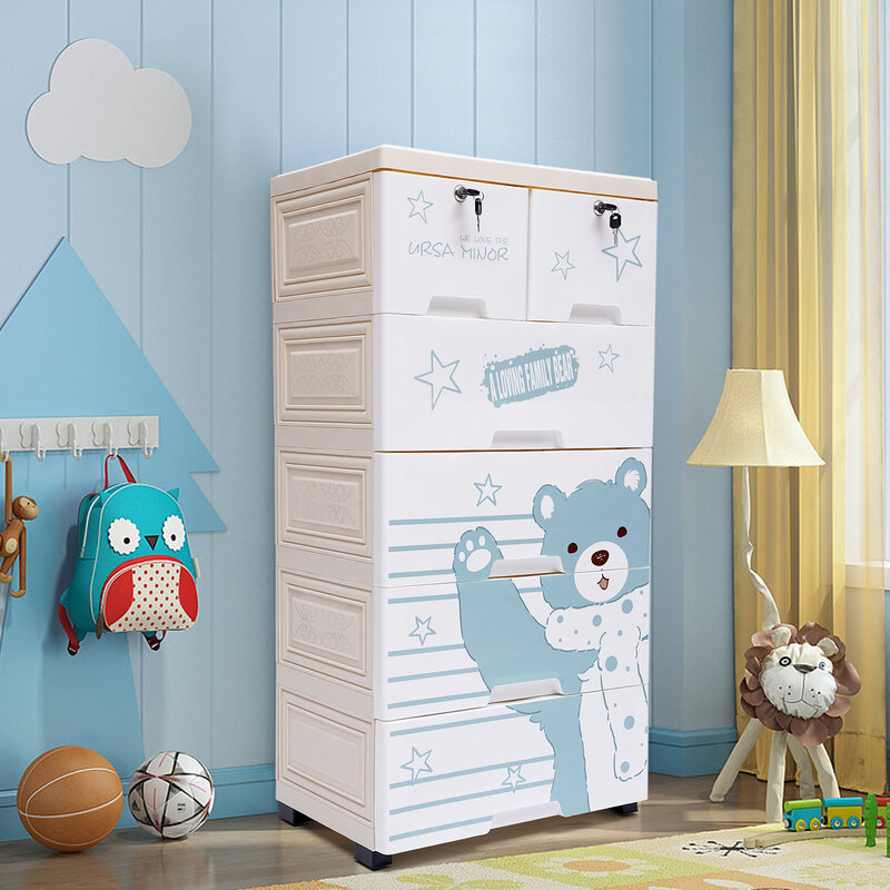 Plastic Dresser Organizer Doll Toy Storage Cabinet Floor Polar Bear Closet Children Bookcase Kids Bedroom Furniture w/ 6 Drawers