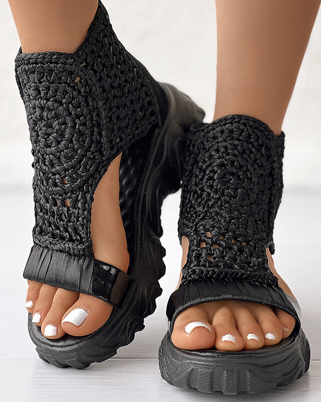 Sandales à l'offre elles compensées géométriques tressées pour femmes, chaussures d'été en maille, plates, creuses, dorées