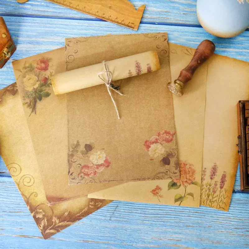 8Pcs/Set Kraft Brown Vintage Flower Design Letterhead Letter Writing Paper Letter Pad Drawing Sketch Pad Stationery