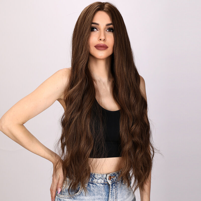 Длинные волнистые коричневые кудрявые парики средней длины 32 дюйма для женщин синтетические волосы натуральные кудрявые волосы парик Лолита жемчуга ежедневный парик