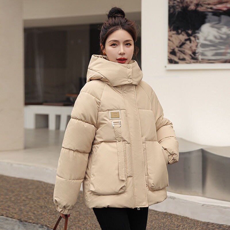Abrigo de plumón de algodón para mujer, Chaqueta corta holgada, gruesa, cálida, con capucha, para tiempo libre, a la moda, novedad de 2023