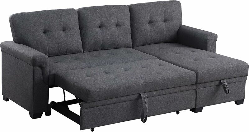 L-Shape secional Sleeper Sofa, com Chaise Storage e pull-out Bed, Encosto de linho adornado, reversível 3 lugares, 84"