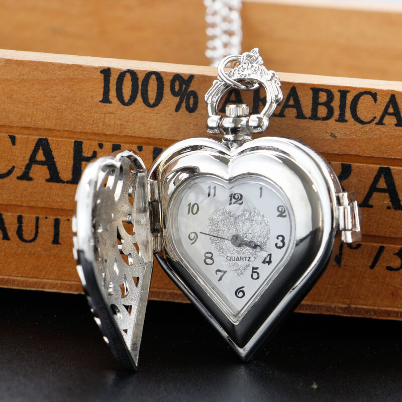 실버 할로우 하트 모양의 회중 시계 목걸이 절묘한 석영 펜던트 체인 시계, 여자 친구 연인의 선물