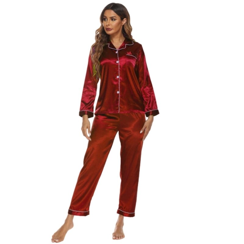 Women's Thin Simulation Silk Pajamas Solid Color Flip Collar Long Sleeve Cardigan Pants Oversized Sexy Satin Home Clothing Set