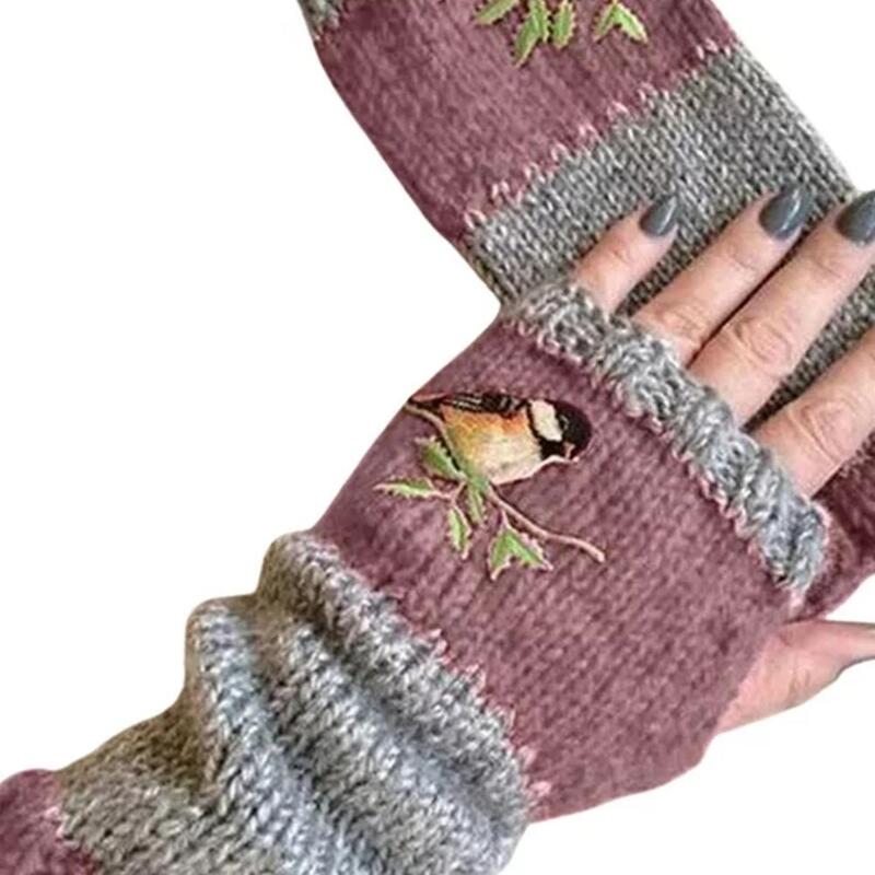 Frauen Winter handschuhe niedlichen Vogel bestickt weich gestrickt Hand warm finger losen Fäustling für Büro computer arbeiten x0g2