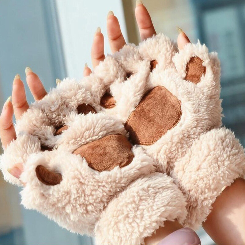 Перчатки в виде кошачьих лап, зимние милые перчатки с открытыми пальцами в виде кошек и девушек, искусственные пушистые медвежьи лапы, перчатки с открытыми пальцами