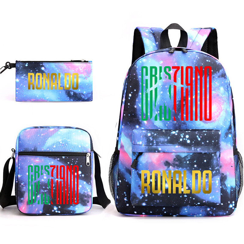 Ronaldo print youth backpack set student school bag pencil case shoulder bag 3-piece set