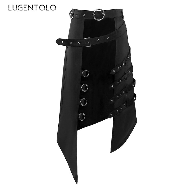 Lugentolo Men Rock Punk Skirt Dark Black Steam Gothic Asymmetrical Ring Party Men Women New Casual Vintage Fashion Trend Skirts