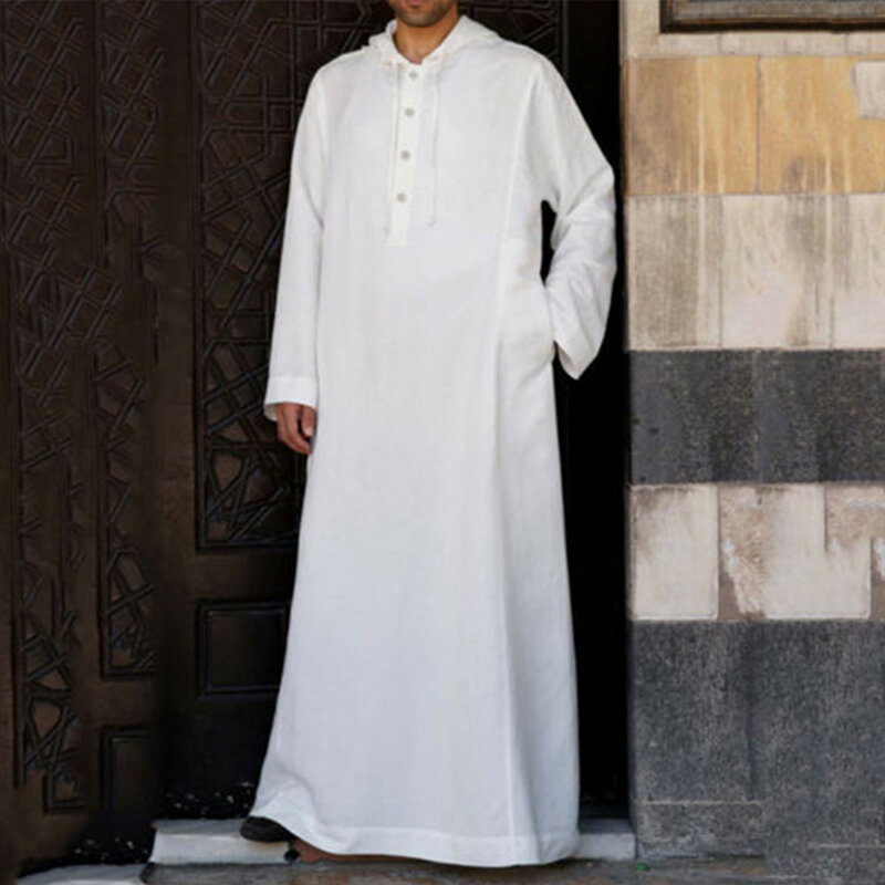 Muzułmańskie męskie Jubba Thobe z długim rękawem z kapturem oddychająca szata męska Thobe luźna dubajska saudyjska Kaftan jednolite kolorowe ubrania męskie