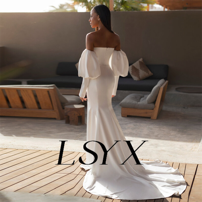 LSYX gaun pengantin panjang selutut, gaun pengantin panjang lantai belahan tinggi, ritsleting belakang pernikahan putri duyung lengan Puff dapat dilepas