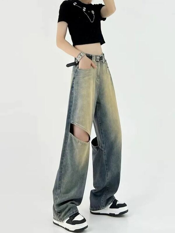 Retro Distressed Kontrast farbe trend ige Damen Sommer neue hoch taillierte lose abnehmen gerade Bein vielseitige Jeans mit weitem Bein