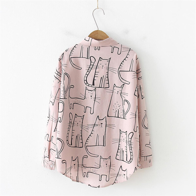 Cartoon Cat Pink Casual Blouses for Work Chic Korean Style Women Top Long Sleeve Office Shirts Camisas Y Blusas Chemise Femme